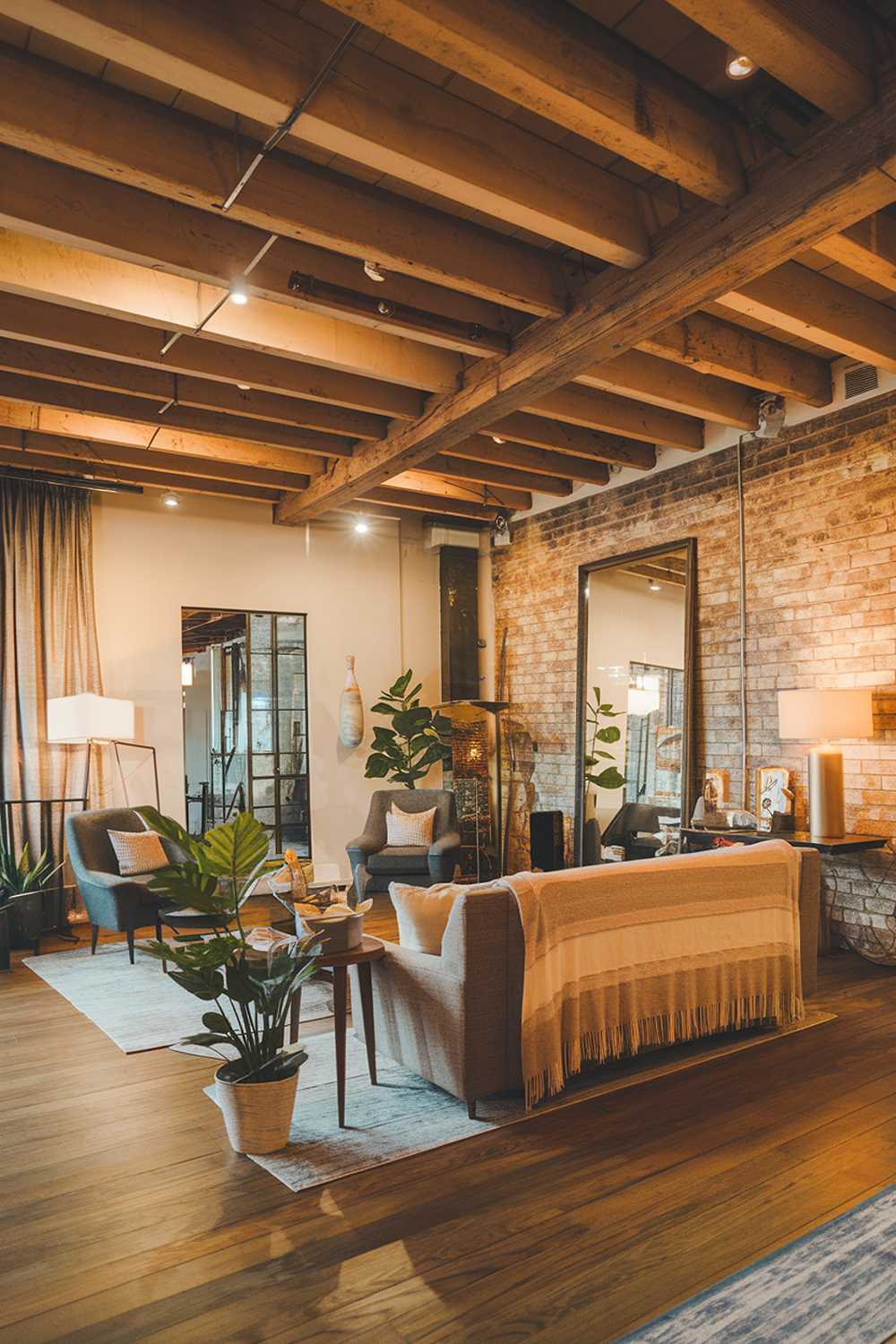 A modern rustic living room with a wide shot. The room has a wooden beam ceiling, exposed brick walls, and a hardwood floor. There's a comfortable sofa with a beige blanket, a few chairs, and a table. A plant and a lamp sit on the floor. The walls hold a few items, including a large mirror and some decorative pieces. The lighting is warm.