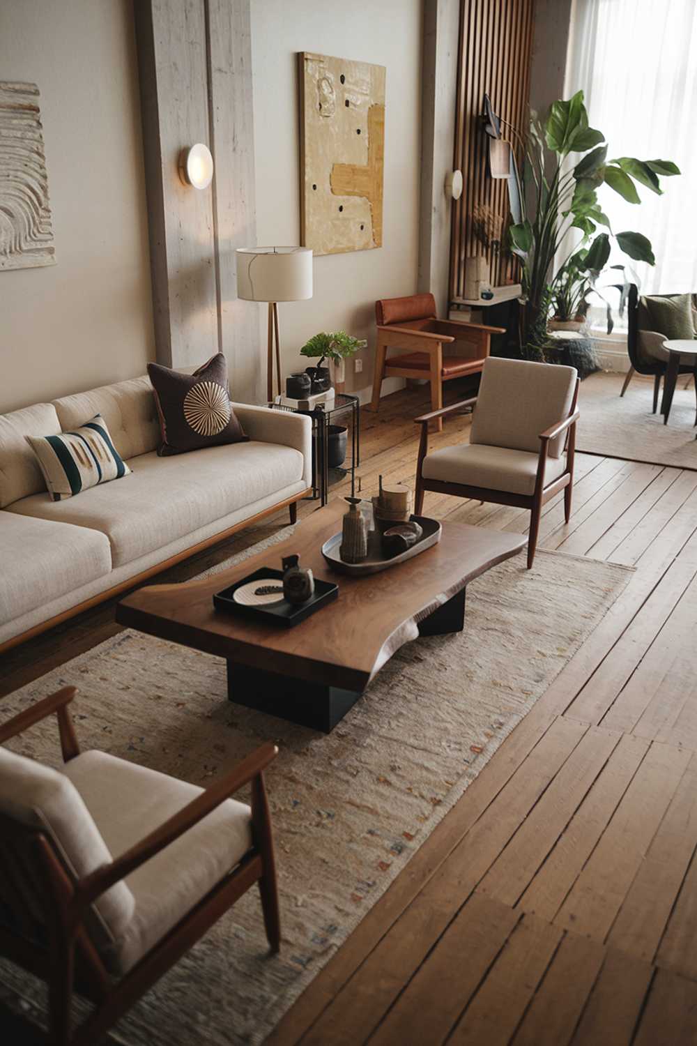 A modern rustic living room decor. There is a beige sofa with a few decorative pillows. There is a wooden coffee table with a few items on top. There are two wooden chairs with a table between them. The walls have a few pieces of art. There is a large plant near the window. The floor is made of wooden planks. There is a rug in front of the sofa. There is a lamp near the sofa.