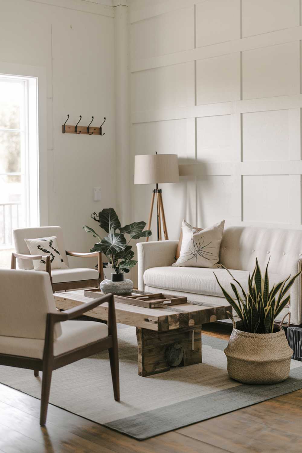 A modern rustic living room decor. There's a beige sofa with a few cushions and a few chairs. There's a coffee table made of wood with a few items on top. A lamp with a wooden base is placed near the sofa. A plant is placed in a woven basket on the floor. The walls are painted white and have a few hooks. The floor is made of wood.