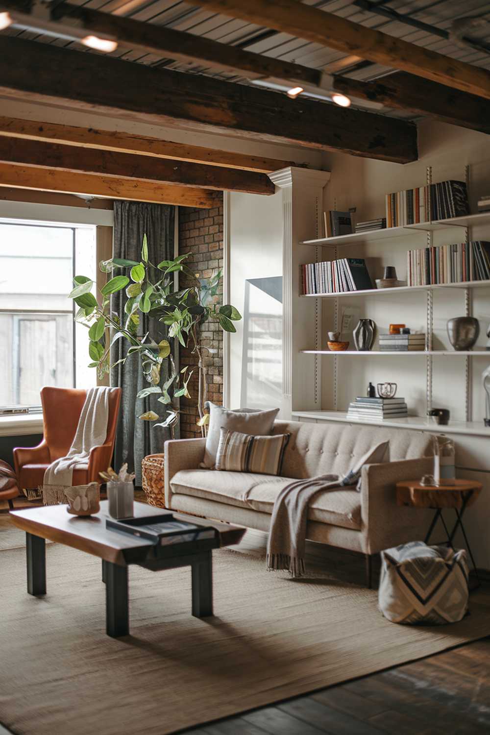 A cozy modern rustic living room decor. There's a beige sofa with a few cushions, a brown leather chair with a throw blanket, and a wooden coffee table. There's a green plant near the window. A white bookshelf with books and decorative items is on the wall. The floor is covered with a beige rug. The room has a wooden beam ceiling and a brick wall. The lighting is soft.