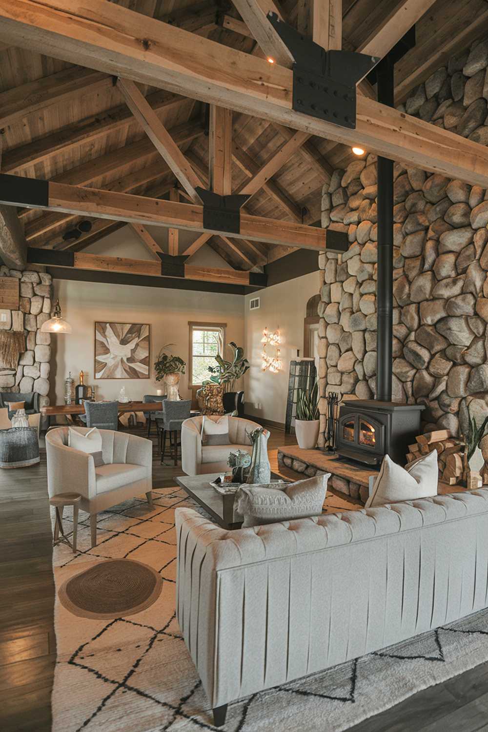 A cozy modern rustic living room decor. The room has a wooden beam ceiling, a large stone fireplace with a wood-burning stove, and a wall made of stones. There is a plush gray sofa with a few pillows, a few chairs, and a coffee table in the middle of the room. The walls are adorned with a few pieces of artwork. There are rugs on the floor, and a few plants are placed here and there. The lighting is warm.