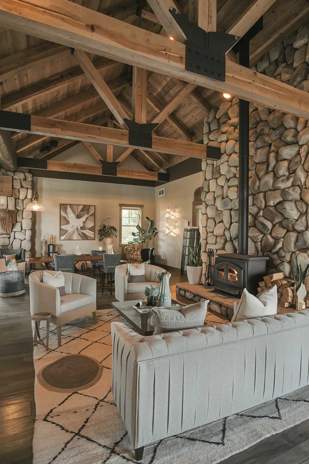 25 Modern Rustic Living Room Ideas: Comfort Meets Nature 8 A cozy modern rustic living room decor. The room has a wooden beam ceiling, a large stone fireplace with a wood-burning stove, and a wall made of stones. There is a plush gray sofa with a few pillows, a few chairs, and a coffee table in the middle of the room. The walls are adorned with a few pieces of artwork. There are rugs on the floor, and a few plants are placed here and there. The lighting is warm.