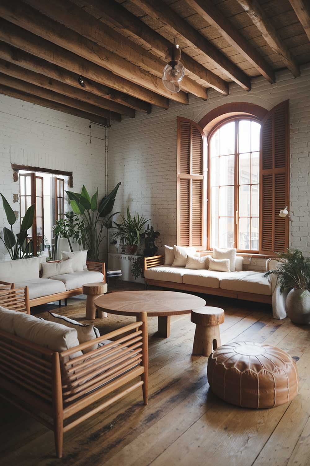 A cozy modern rustic living room. The room has a wooden beam ceiling, a white brick wall, and a large window with wooden shutters. There is a beige sofa with a wooden frame and a few wooden stools. A large, round, wooden table is in the middle of the room. There are a few potted plants and a large, beige, leather pouf. The floor is made of wood.