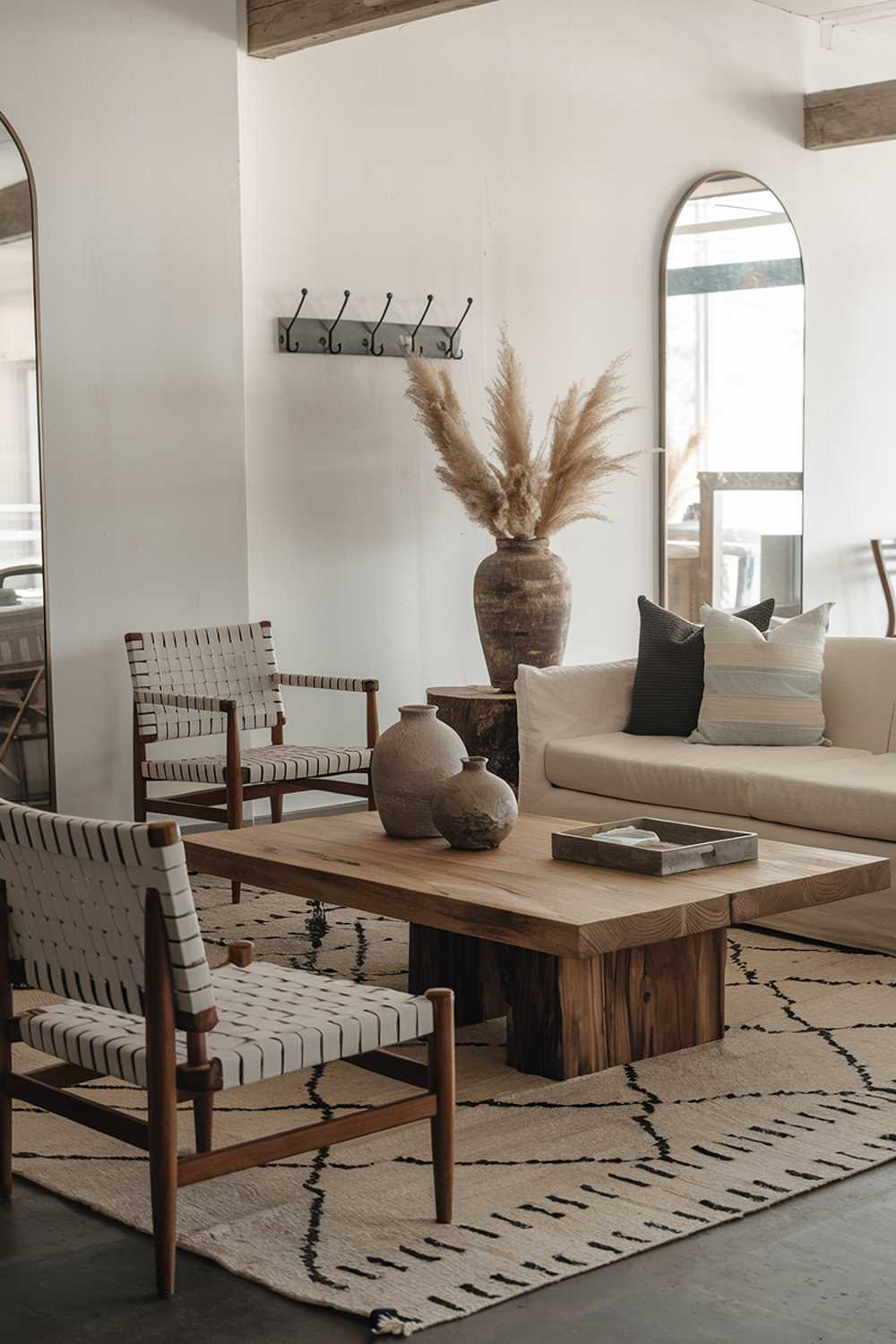 A cozy modern rustic living room with a few pieces of furniture. There's a large wooden coffee table in the center, surrounded by a beige sofa and a couple of chairs with a woven pattern. A few decorative items, including a large vase and a few smaller ones, are placed on the table and the wall. The wall has a few hooks and a large mirror. The floor is covered with a large rug with a geometric pattern.