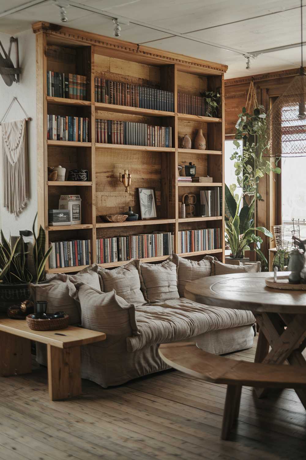 A cozy modern rustic living room decor. There's a large, beige sofa with plush cushions, placed in front of a wooden bookshelf filled with books and decorative items. A large, round wooden table sits beside the sofa, with a few items on top. A wooden bench is placed near the bookshelf. A few potted plants add a touch of greenery. The room has a wooden floor and the walls have a few hanging items.