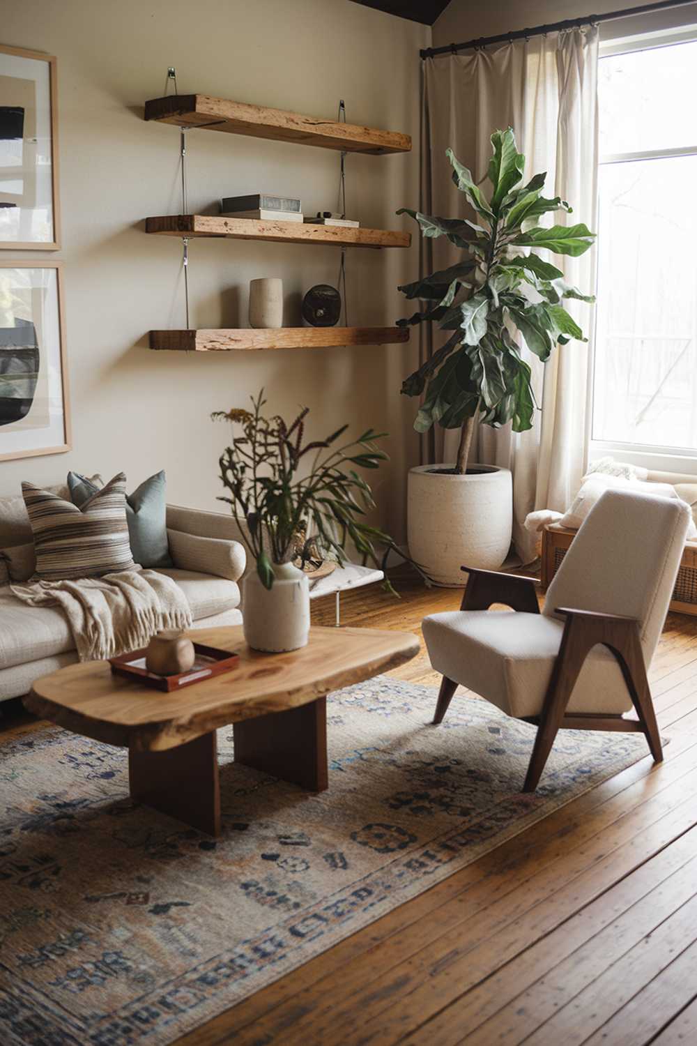 A cozy rustic modern living room decor. The room has a wooden floor and a large area rug. There's a beige sofa with a few throw pillows, a wooden coffee table, and a tall plant in a white pot. A rustic wooden shelf hangs on the wall and holds a few decorative items. There's a beige chair with a wooden base near the window. The room has a few pieces of artwork on the wall.