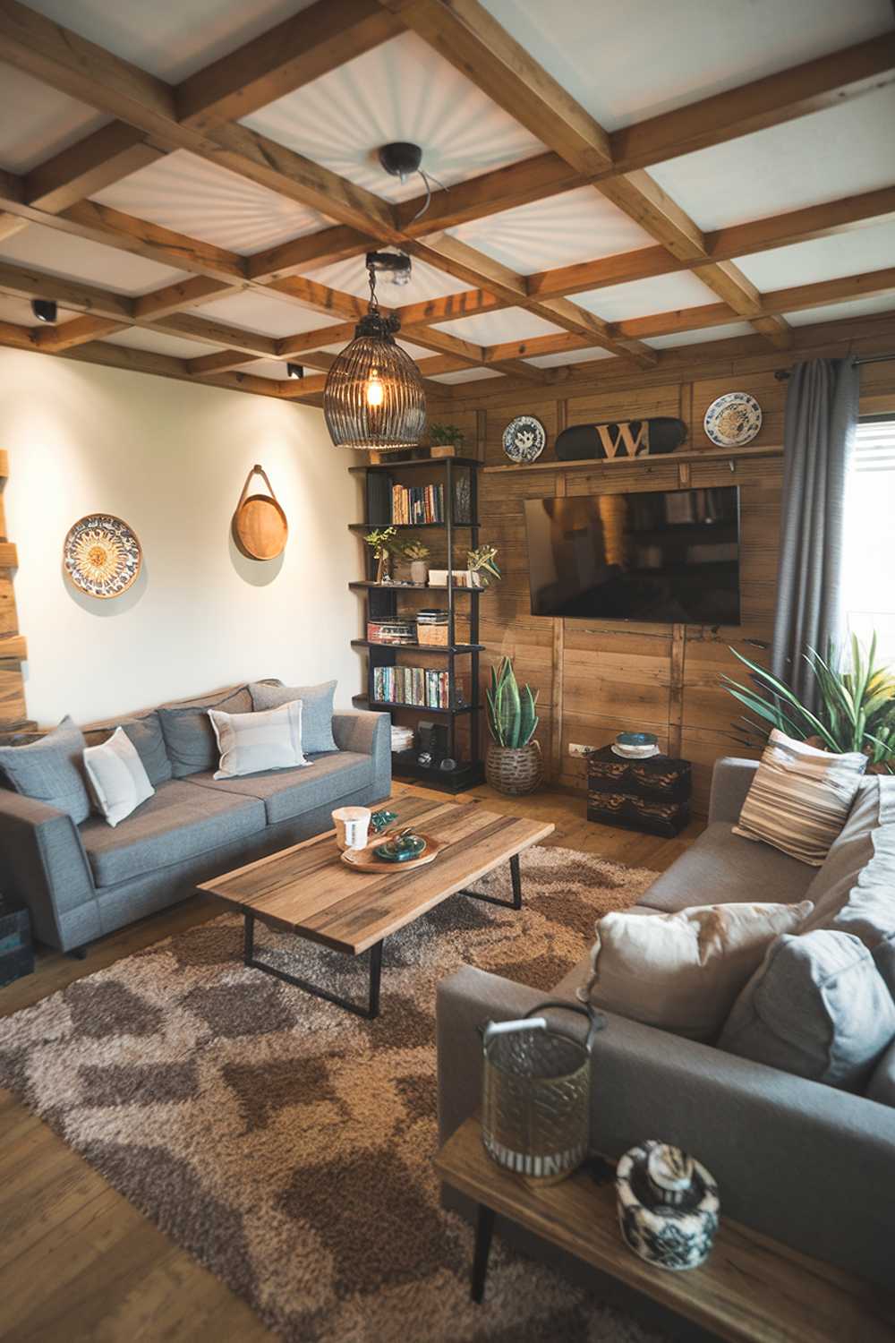 A cozy rustic modern living room decor. The room has a wooden beam ceiling, a plush rug, a gray sofa with pillows, a wooden coffee table, a wall-mounted TV, and a bookshelf. There are also a few pieces of decor, including a lantern and a plant. The walls have a few hanging items, including a decorative plate and a wooden tray. The room has a warm ambiance.