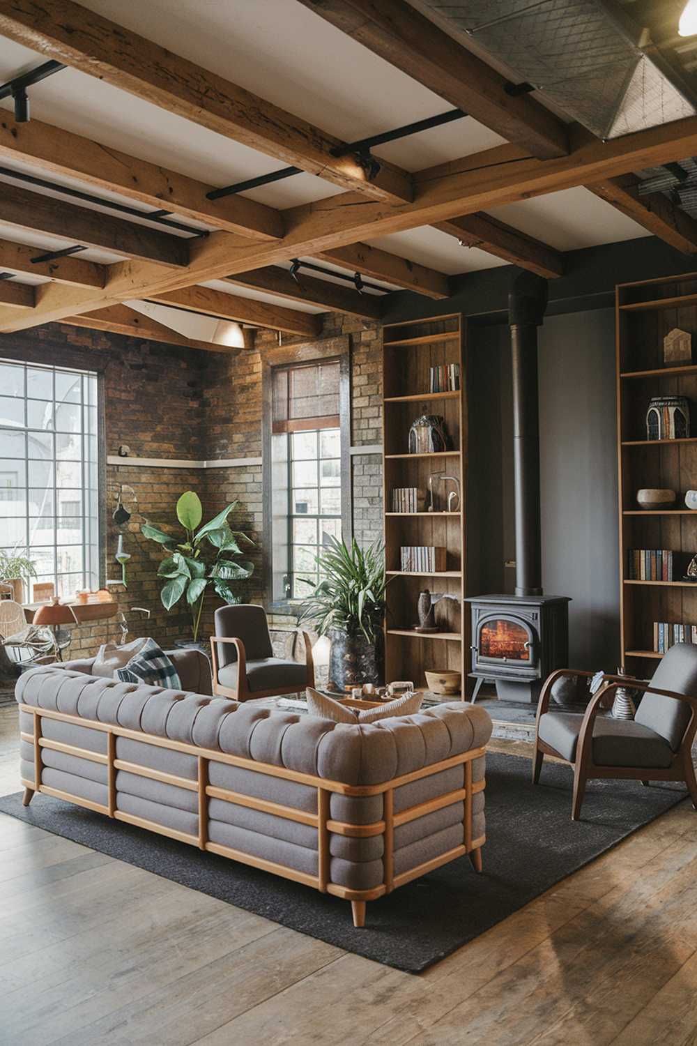 A rustic modern living room decor. The room has wooden beams on the ceiling, a brick wall, and a wood-burning stove. There is a plush gray sofa with a wooden frame and a few chairs. The room has a few potted plants and a large wooden shelf with books and decorative items. The floor is covered with a dark rug.