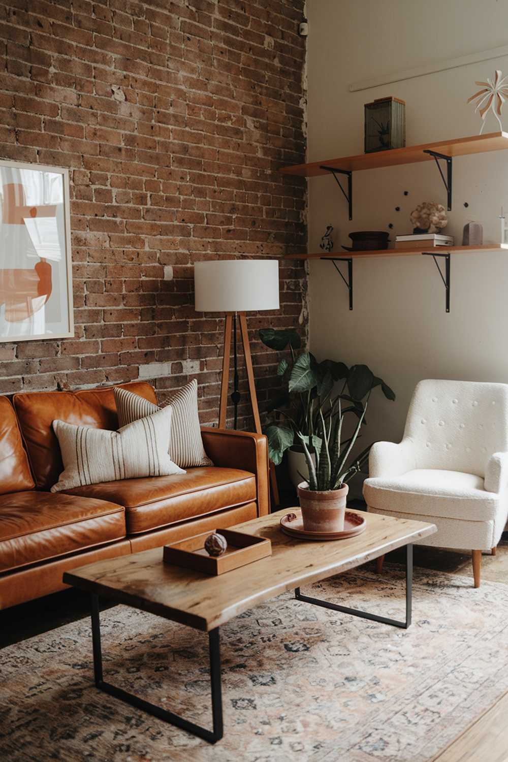 A cozy rustic modern living room with a brick wall, a leather couch, a wooden coffee table, a potted plant, and a lamp. There's a white chair in the corner. The floor is covered with a rug. The room has a wooden shelf with decorative items. The wall has a few nail holes and a few nails.