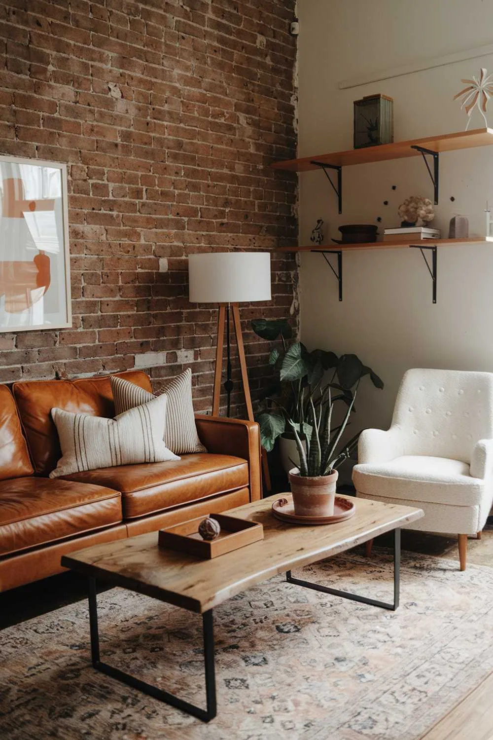 25 Modern Rustic Living Room Ideas: Comfort Meets Nature 15 A cozy rustic modern living room with a brick wall, a leather couch, a wooden coffee table, a potted plant, and a lamp. There's a white chair in the corner. The floor is covered with a rug. The room has a wooden shelf with decorative items. The wall has a few nail holes and a few nails.
