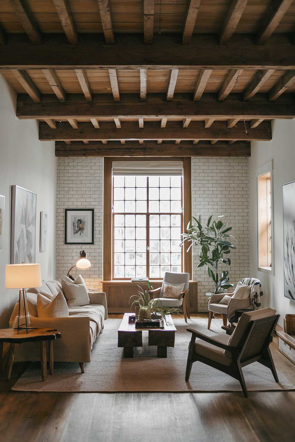 A cozy rustic modern living room with a wooden beam ceiling, a white brick wall, and a large window. There's a beige sofa with cushions, a few chairs, and a coffee table made of wood. There's also a plant and a lamp on the coffee table. The floor is made of wood. The room has a few artworks on the walls. The overall ambiance is warm and inviting.