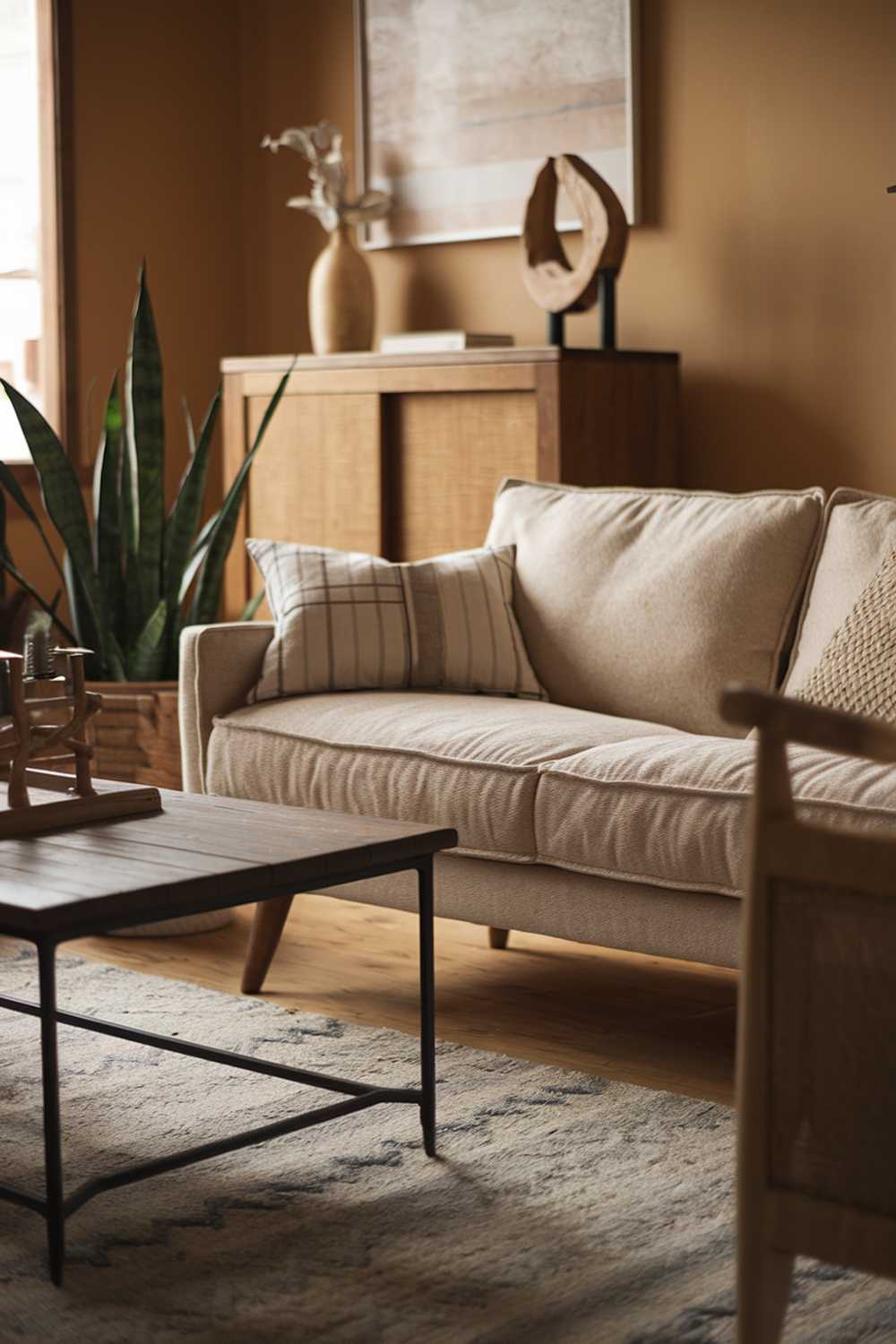 A cozy rustic modern living room decor. There's a beige sofa with a few pillows, a wooden coffee table, and a green plant. There's a wooden cabinet in the background with a few decorative items. The room has a wooden floor and a few rugs. The walls are painted in a warm color.