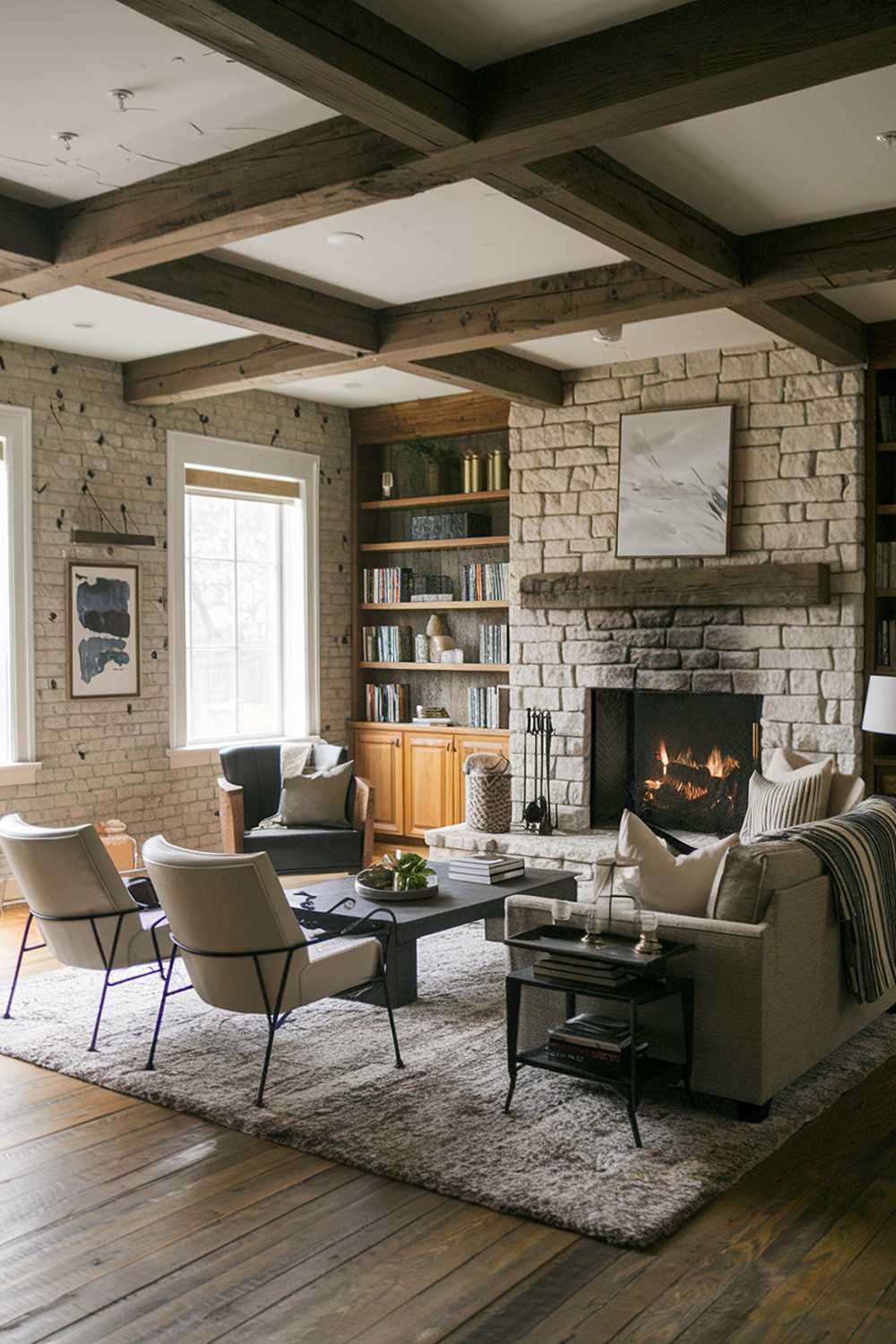 A cozy rustic modern living room with a stone fireplace, wooden beams, and a plush rug. There is a comfortable sofa, a few chairs, a coffee table, and a bookshelf filled with books. A few decorative items, such as a lantern and a painting, are also placed around the room. The walls are exposed brick and have a few nail holes. The floor is made of wooden planks.