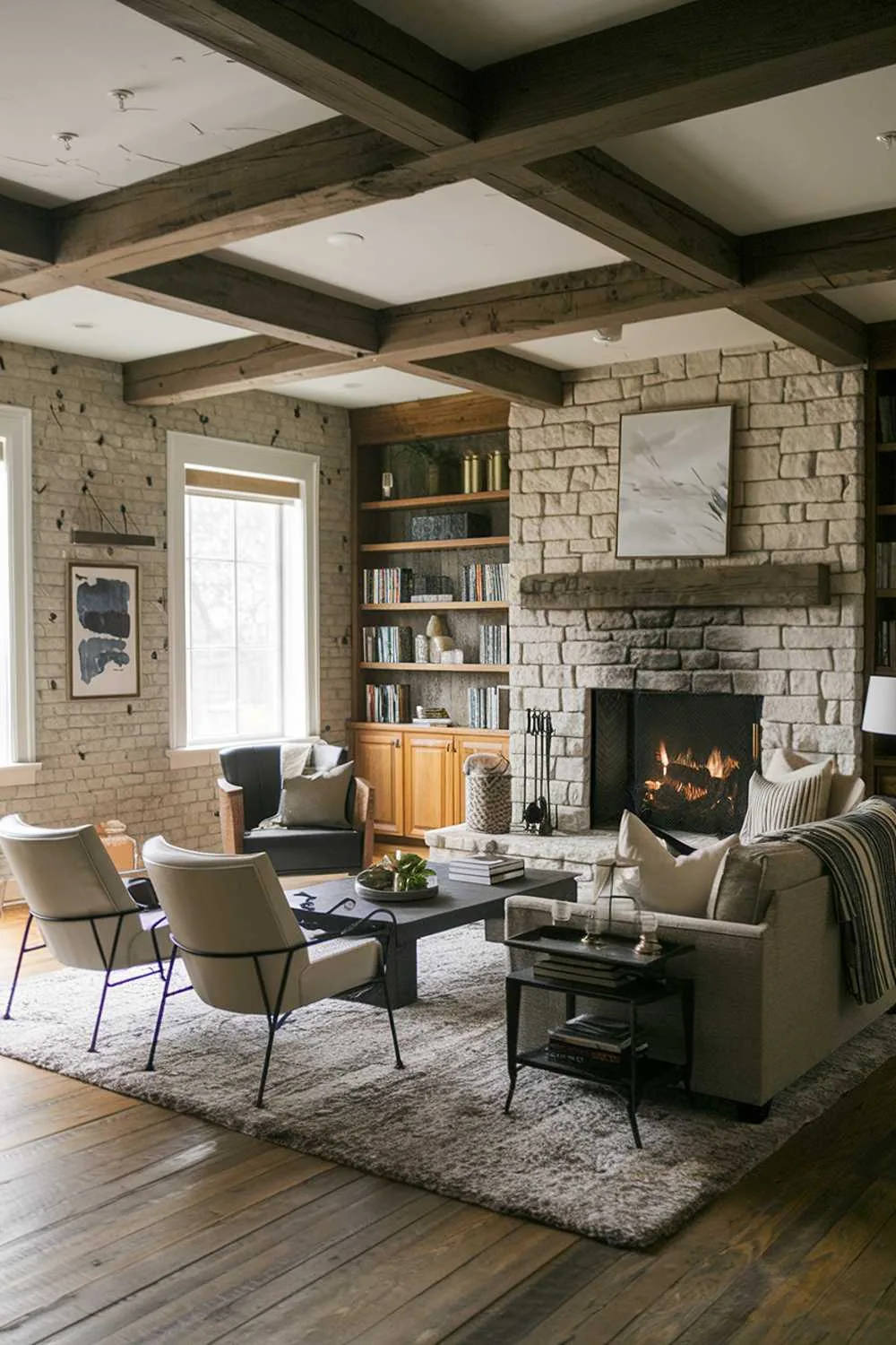 25 Modern Rustic Living Room Ideas: Comfort Meets Nature 18 A cozy rustic modern living room with a stone fireplace, wooden beams, and a plush rug. There is a comfortable sofa, a few chairs, a coffee table, and a bookshelf filled with books. A few decorative items, such as a lantern and a painting, are also placed around the room. The walls are exposed brick and have a few nail holes. The floor is made of wooden planks.