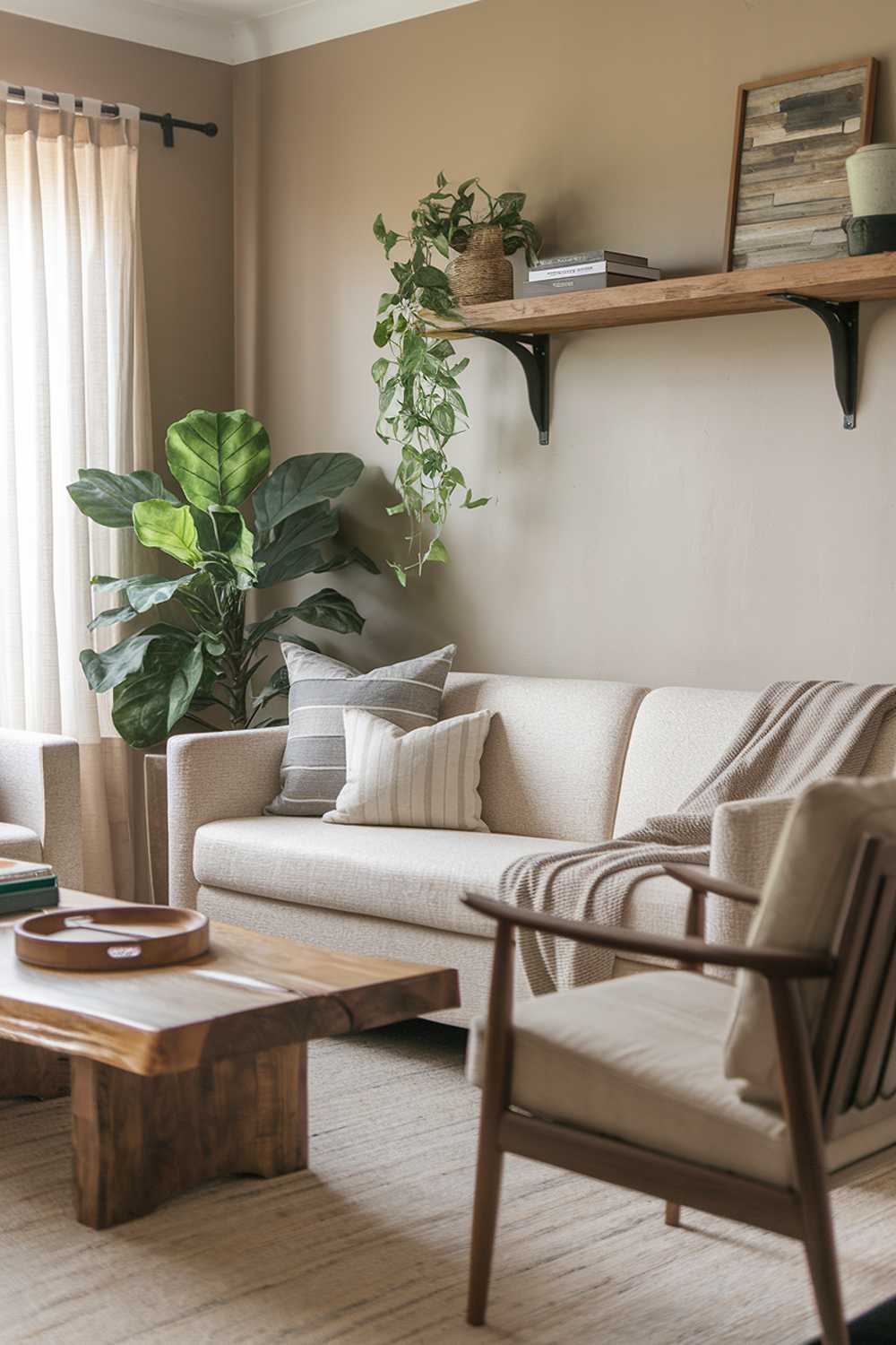 A cozy rustic modern living room decor. There is a beige couch with a few pillows, a wooden coffee table, and a beige chair. There is a green plant near the couch. There is a wooden shelf above the couch. The walls are painted beige. The floor is covered with a beige rug.