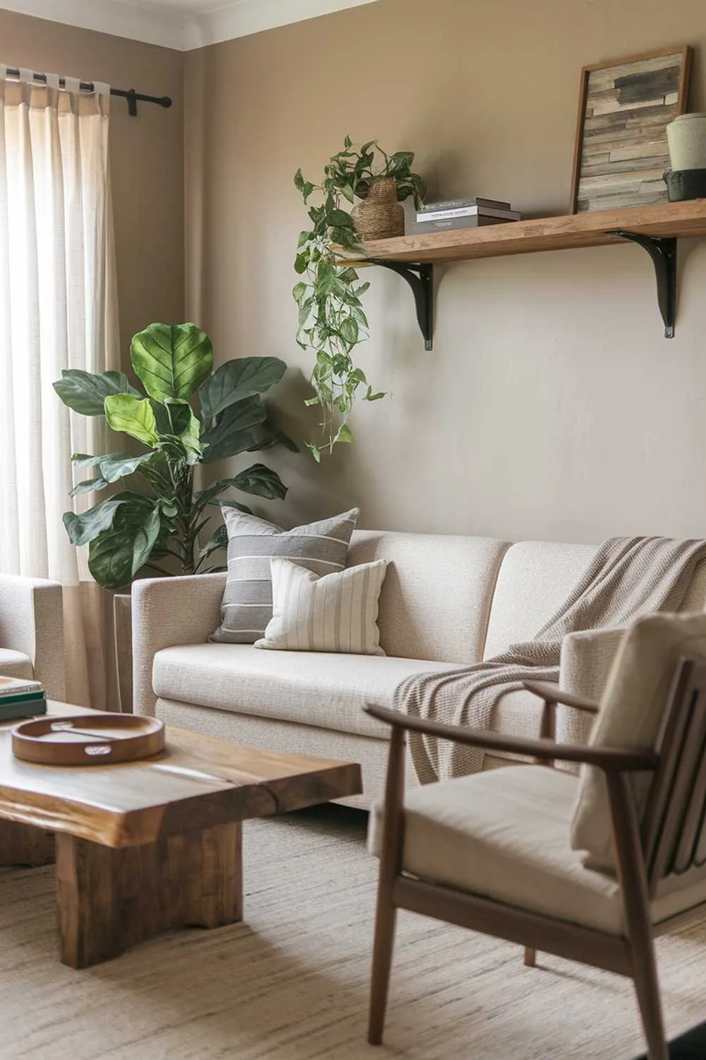 25 Modern Rustic Living Room Ideas: Comfort Meets Nature 19 A cozy rustic modern living room decor. There is a beige couch with a few pillows, a wooden coffee table, and a beige chair. There is a green plant near the couch. There is a wooden shelf above the couch. The walls are painted beige. The floor is covered with a beige rug.