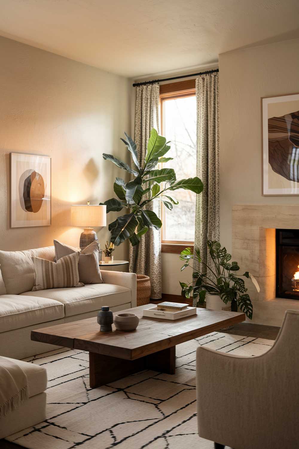 A cozy rustic modern living room decor. The room has a beige sofa with a few cushions and a wooden coffee table in the center. There is a large potted plant next to the sofa. The walls are adorned with a few pieces of artwork. The room has a warm lighting, with a lamp on the side table and the glow from a fireplace.