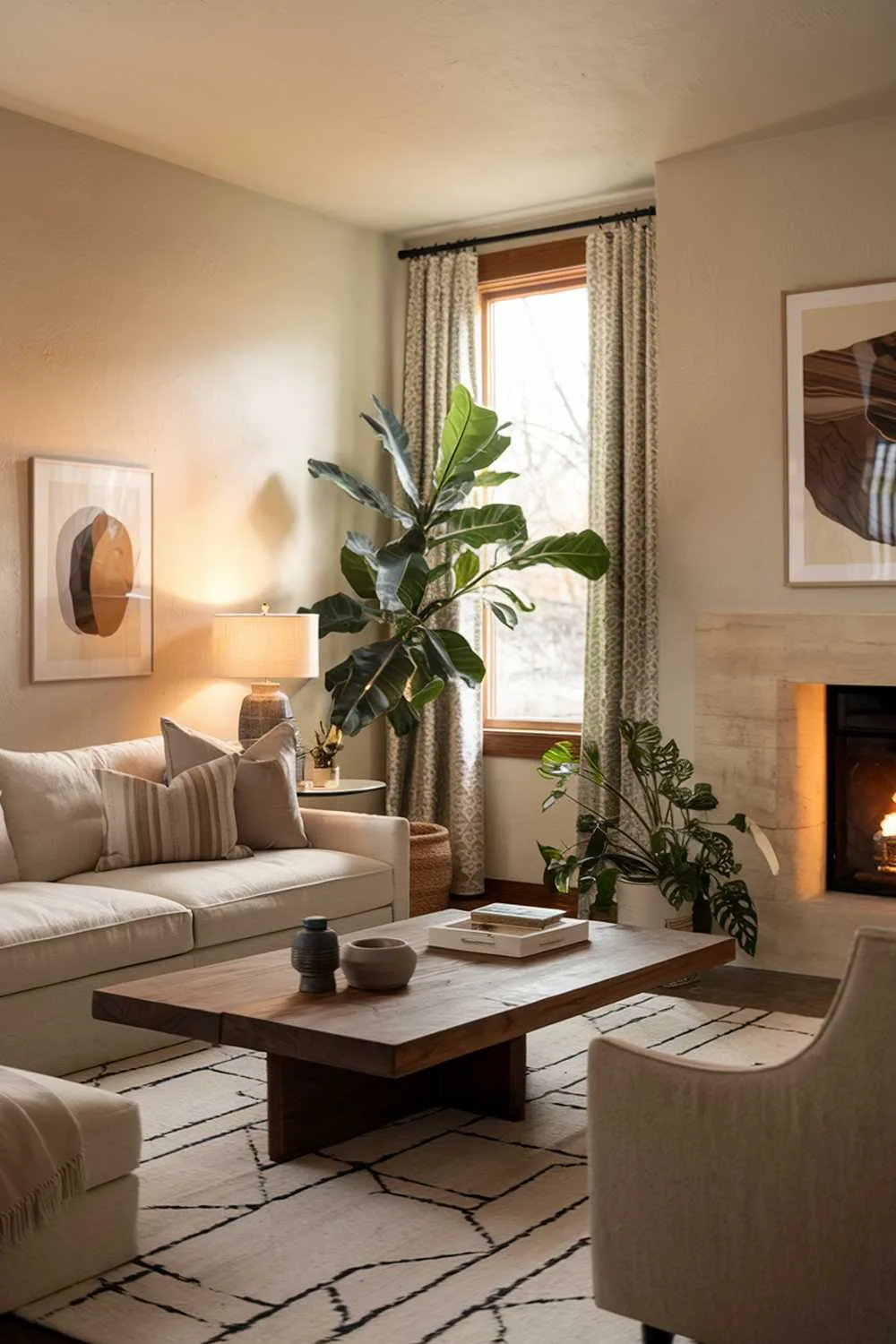 25 Modern Rustic Living Room Ideas: Comfort Meets Nature 20 A cozy rustic modern living room decor. The room has a beige sofa with a few cushions and a wooden coffee table in the center. There is a large potted plant next to the sofa. The walls are adorned with a few pieces of artwork. The room has a warm lighting, with a lamp on the side table and the glow from a fireplace.