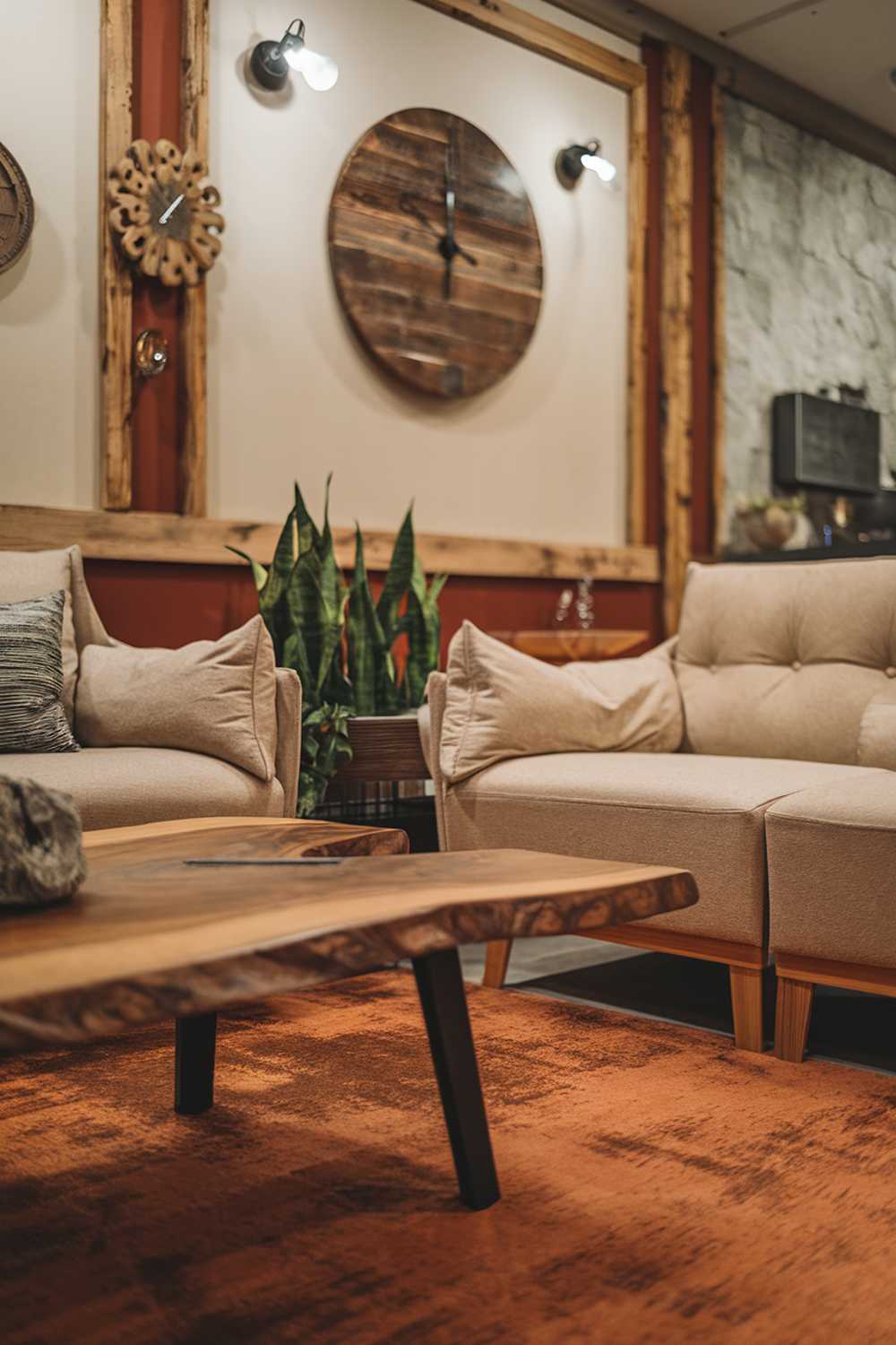 A cozy modern rustic living room decor. There's a wooden coffee table with a burnt orange rug beneath it. The walls are adorned with a large, rustic wooden clock and a few decorative items. There are two beige sofas with wooden legs, and a green plant sits on one of the sofas. The room has a warm and inviting ambiance.