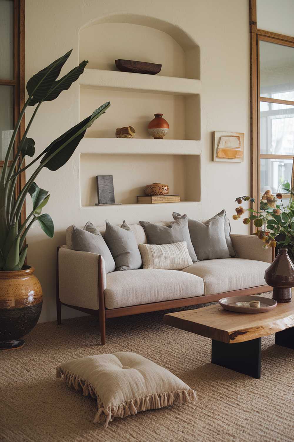 A cozy modern rustic living room decor with a beige sofa, a few cushions, a wooden coffee table, and a wall shelf with decorative items. There is a large plant in a ceramic pot near the sofa. The room has a beige carpet and a few throw cushions. The wall behind the sofa has a few decorative items, including a wooden bowl, a ceramic item, and a small painting. The room has a wooden frame near the wall shelf.