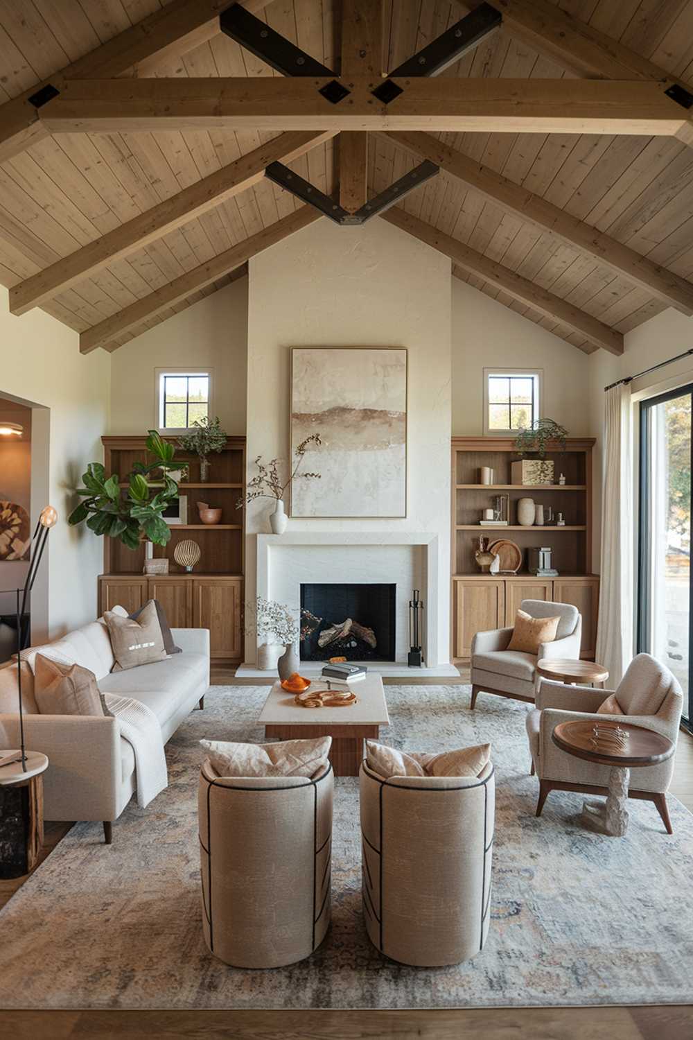 A modern rustic living room decor with a wooden beam ceiling, a white fireplace, and a large area rug. There is a comfortable beige sofa with a few throw pillows, a couple of armchairs, and a coffee table in the middle. A few decorative items, such as a potted plant, a wooden tray, and a lantern, are scattered around the room. The walls are adorned with a large artwork and a few smaller pieces. The room has a warm lighting.