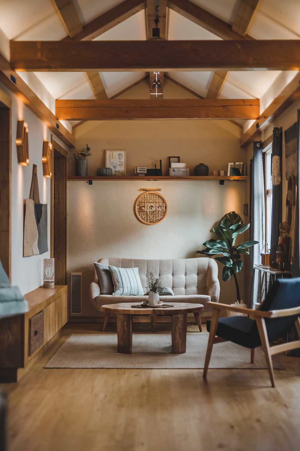 A cozy modern rustic living room. The room has a wooden beam ceiling, a beige sofa with a few cushions, a dark blue chair, a wooden coffee table, and a plant. There's a shelf with a few decorative items. The walls have a few hanging items. The floor is made of light wood planks. The room has warm lighting.