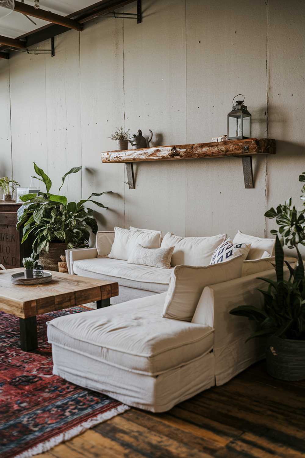 A cozy modern rustic living room decor. There's a large white couch with a few cushions. A wooden coffee table is placed in front of the couch. A few potted plants are placed around the room. A large area rug is placed under the furniture. A rustic wooden shelf is mounted on the wall, holding a few decorative items. A lantern is placed on the shelf. The walls have a few nails. The room has a wooden floor.