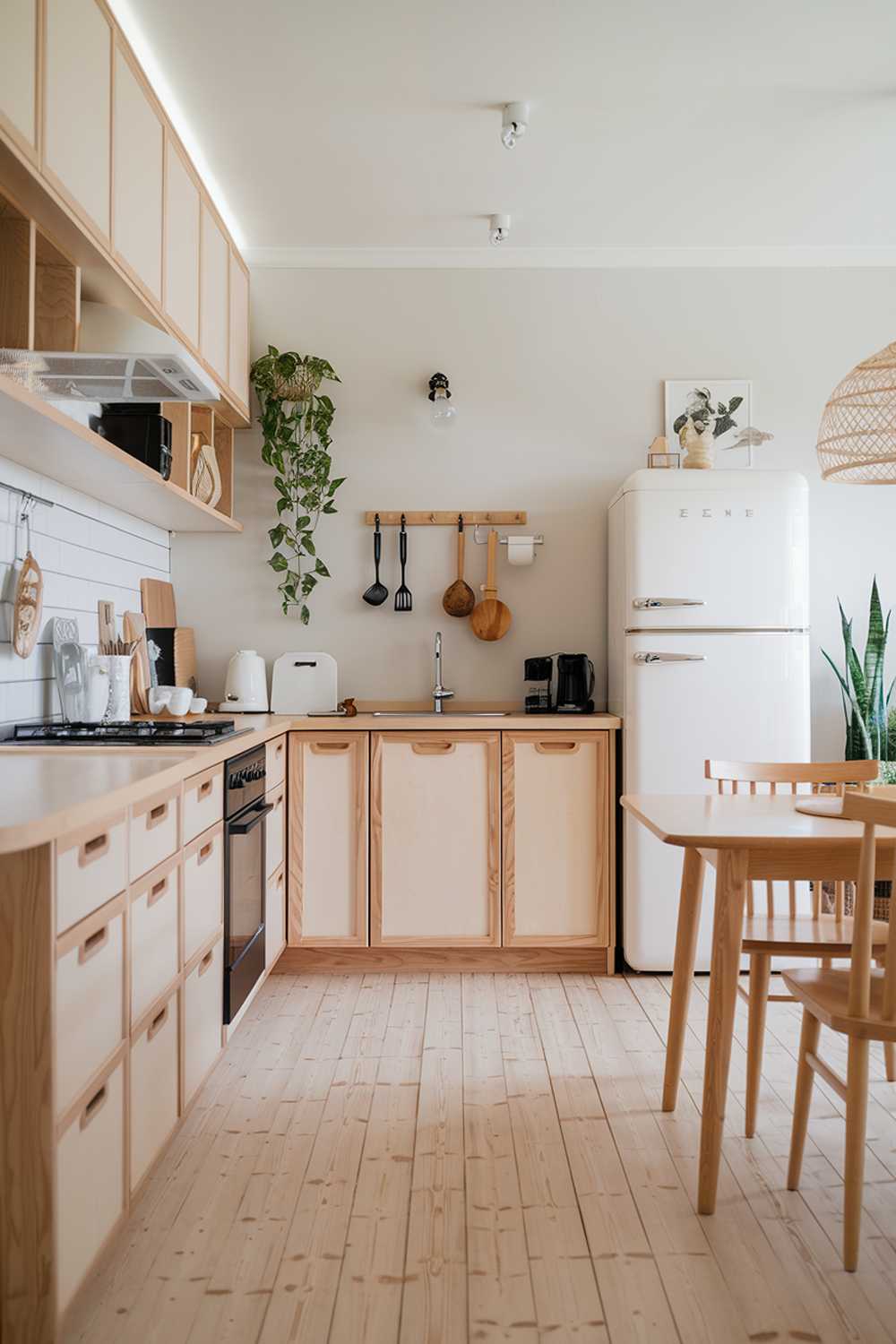 A modern wood Scandinavian kitchen design and decor. The kitchen has a light-colored wooden floor and light-colored cabinets with wooden accents. There is a black stove, a white refrigerator, and a wooden dining table with chairs. The wall has a few decorative items, including a potted plant and a wooden rack with utensils. The room has a few other items, such as a lamp and a plant. The overall design is clean and simple, with a focus on natural materials and muted colors