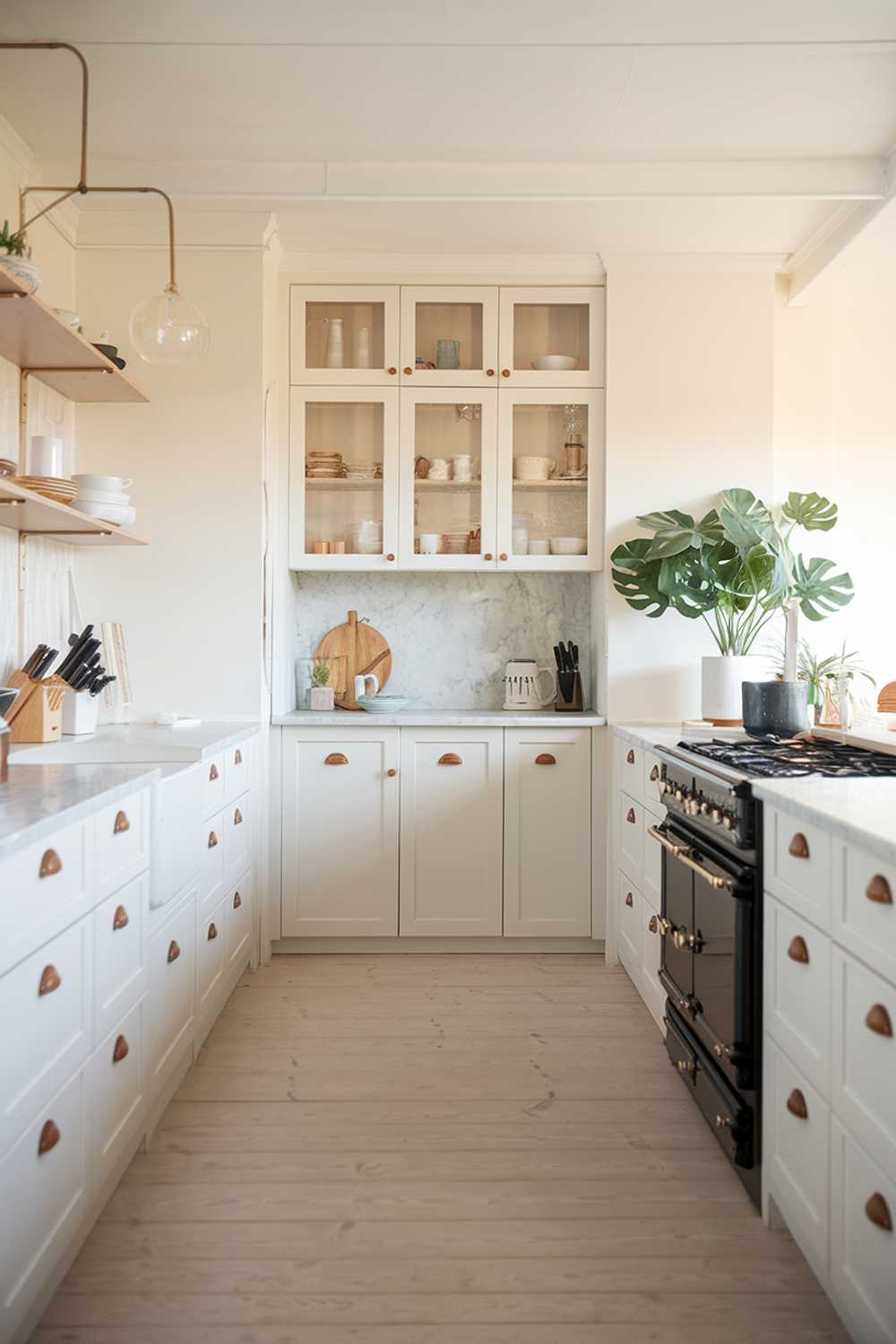 A modern Scandinavian kitchen design. The kitchen has a light wooden floor and is painted in soft white. There are white cabinets with wooden handles, a marble countertop, and a black stove. A potted plant adds a touch of greenery. The lighting is soft and warm.