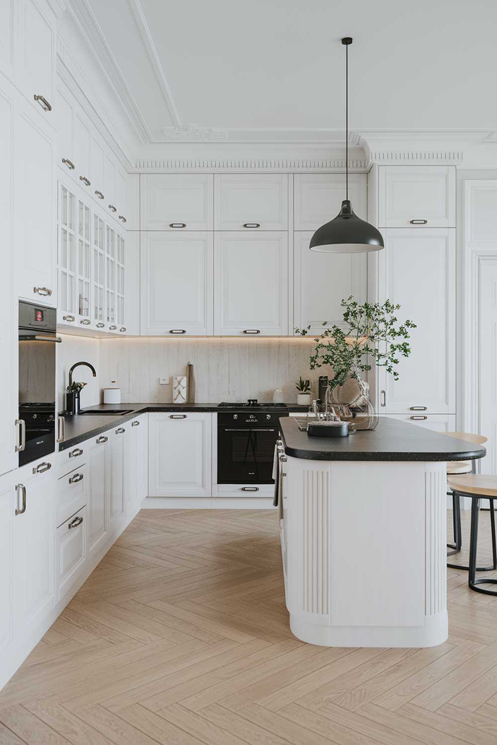 A modern Scandinavian kitchen design. The kitchen has white cabinets, a white island with a black countertop, and black hardware. There is a wooden floor and a white backsplash with a subtle texture. The island has a potted plant and a decorative object. There is a black pendant light above the island. The space is spacious and well-lit.