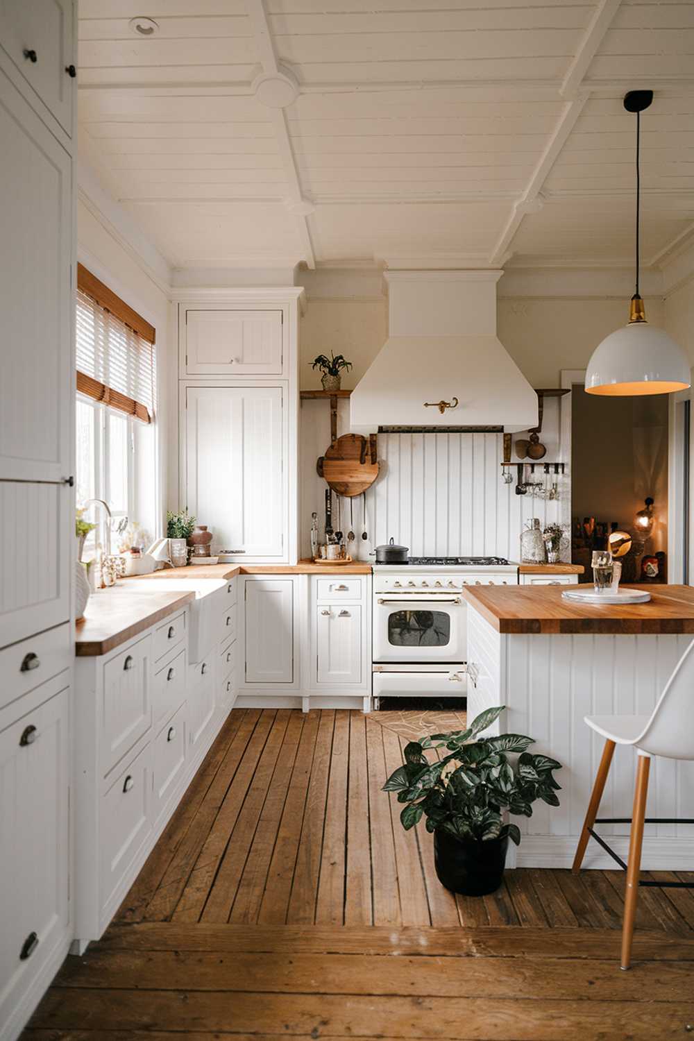 A minimalist, modern Scandinavian kitchen design. The kitchen has white cabinets, a white island with wooden countertops, and a white range hood. The floor is made of wooden planks. There's a black potted plant on the floor and a white chair near the island. The lighting is warm and soft. The background contains a window with wooden blinds and a doorway.