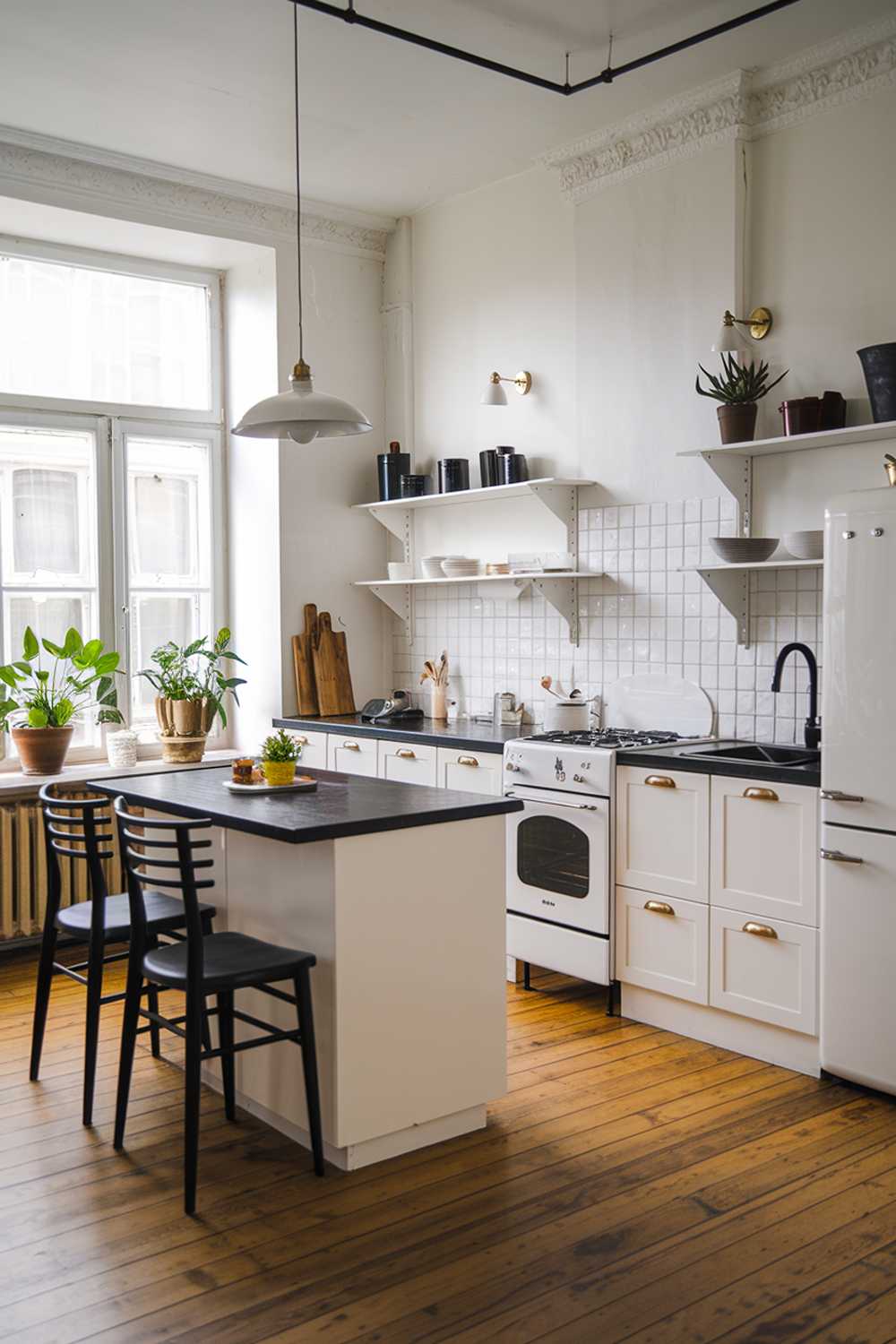 A minimalist modern Scandinavian kitchen design. There is a white kitchen island with a black countertop. There are two black chairs near the island. The kitchen has white cabinets with brass handles, a white oven, a white fridge, and a black sink. The floor is made of wooden planks. There are potted plants near the window. The walls have white shelves with black pots. There is a lamp hanging over the kitchen island.