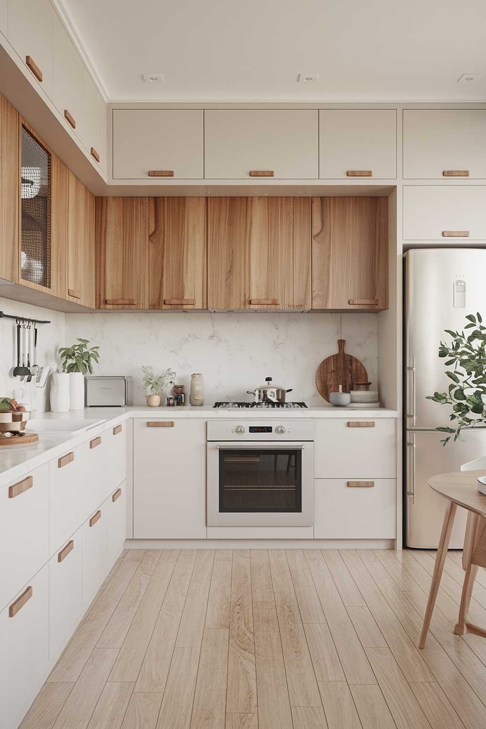 A modern Scandinavian kitchen design and decor. The kitchen has a light wooden floor, white cabinets with wooden handles, and a white marble countertop. There are a few appliances, including a stove, oven, and refrigerator. The wall behind the stove has a wooden panel. The room has a few decorative items, such as a potted plant and a wooden cutting board.