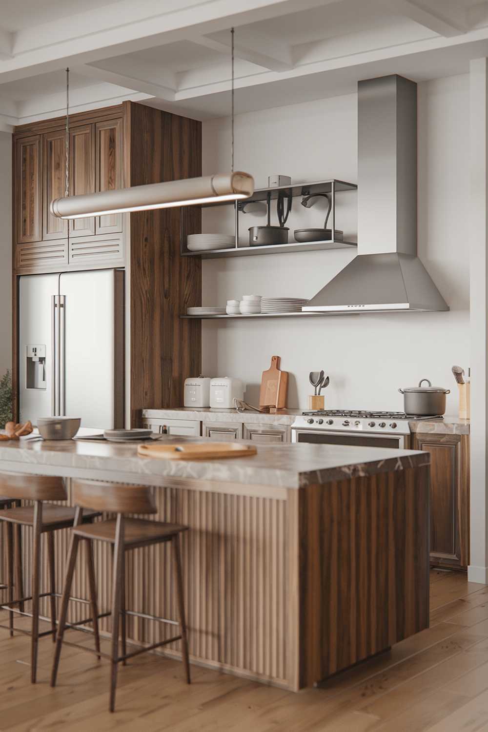 A modern Scandinavian kitchen with wood accents. The kitchen has a sleek design with a minimalist aesthetic. There is a wooden island with a marble top, a refrigerator, a range hood, and a few appliances. The walls are painted white, and the floors are made of wood. There are a few decorative items, such as a pot and a wooden spoon, placed on the counter.