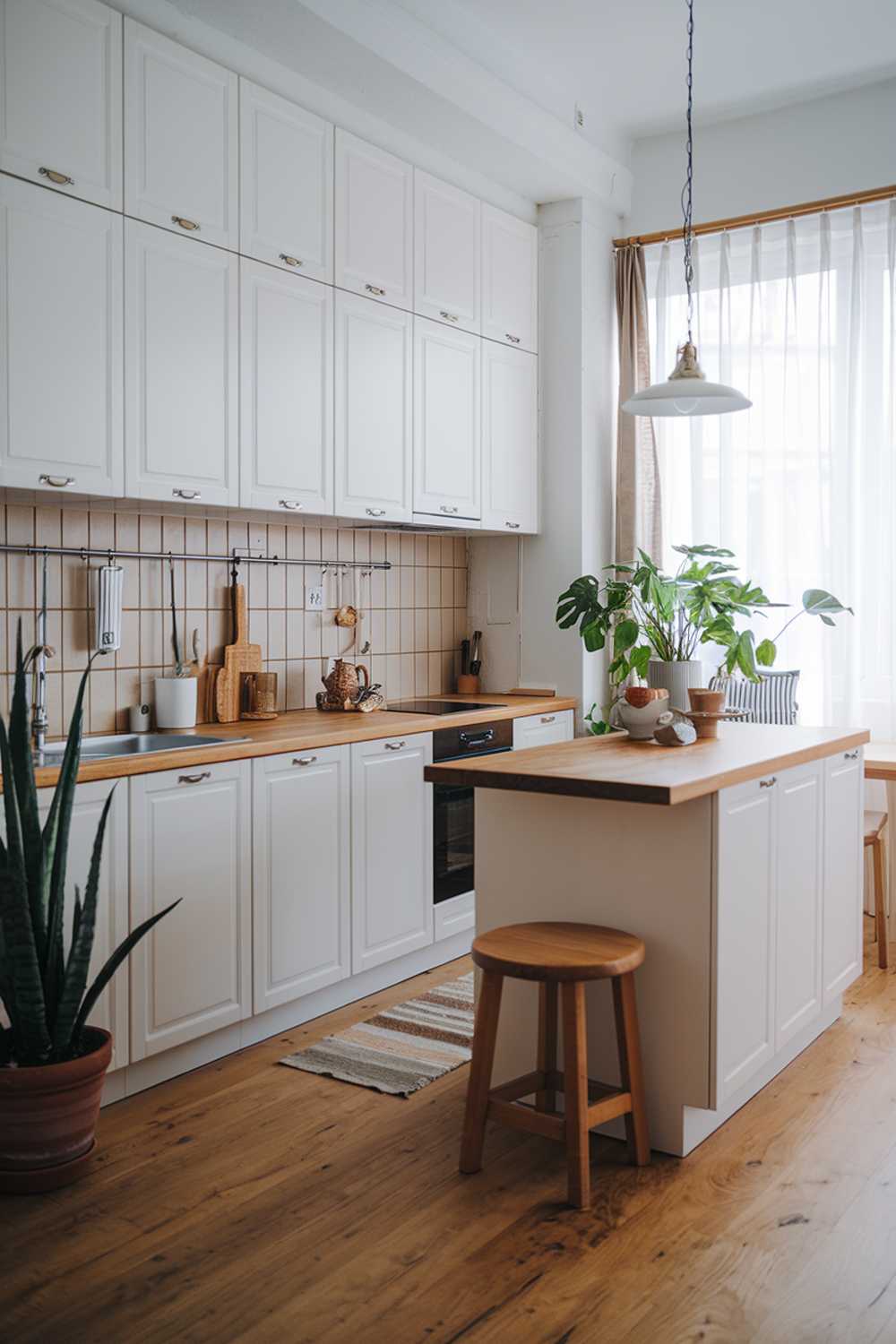 A modern Scandinavian kitchen with a wooden design. The kitchen has white cabinets, a wood countertop, and a wood floor. There is a wood stool near the island, and a potted plant adds a touch of greenery. The backsplash has beige tiles and a few hooks. There is a hanging lamp above the island. The background contains a window with a curtain.