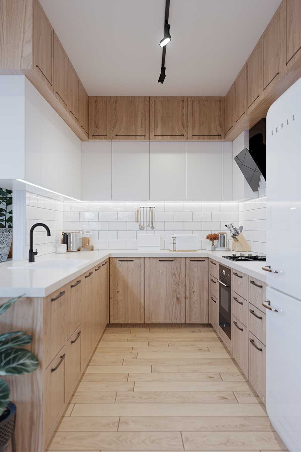 A modern wood Scandinavian kitchen design and decor. The kitchen has a sleek and clean design with light wood cabinets, a white countertop, and a white backsplash. There is a black faucet and a black stove. There are also white cupboards and a white refrigerator. The floor is made of light wood planks. There are also a few kitchen utensils and a potted plant in the kitchen. The lighting is bright.