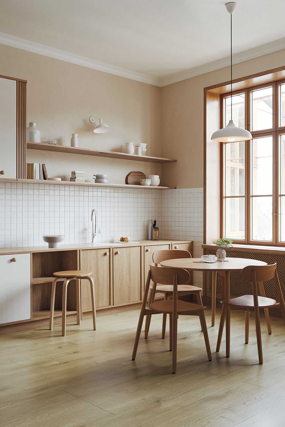 A modern wood Scandinavian kitchen design and decor. The kitchen has a light wooden floor and beige walls. There is a wooden dining table with four chairs in the corner. Along the wall, there is a white cabinet with wooden doors and a white counter with a built-in wooden shelf. There is a wooden stool near the counter. The room has a window with wooden frames and a white pendant light hanging over the counter.