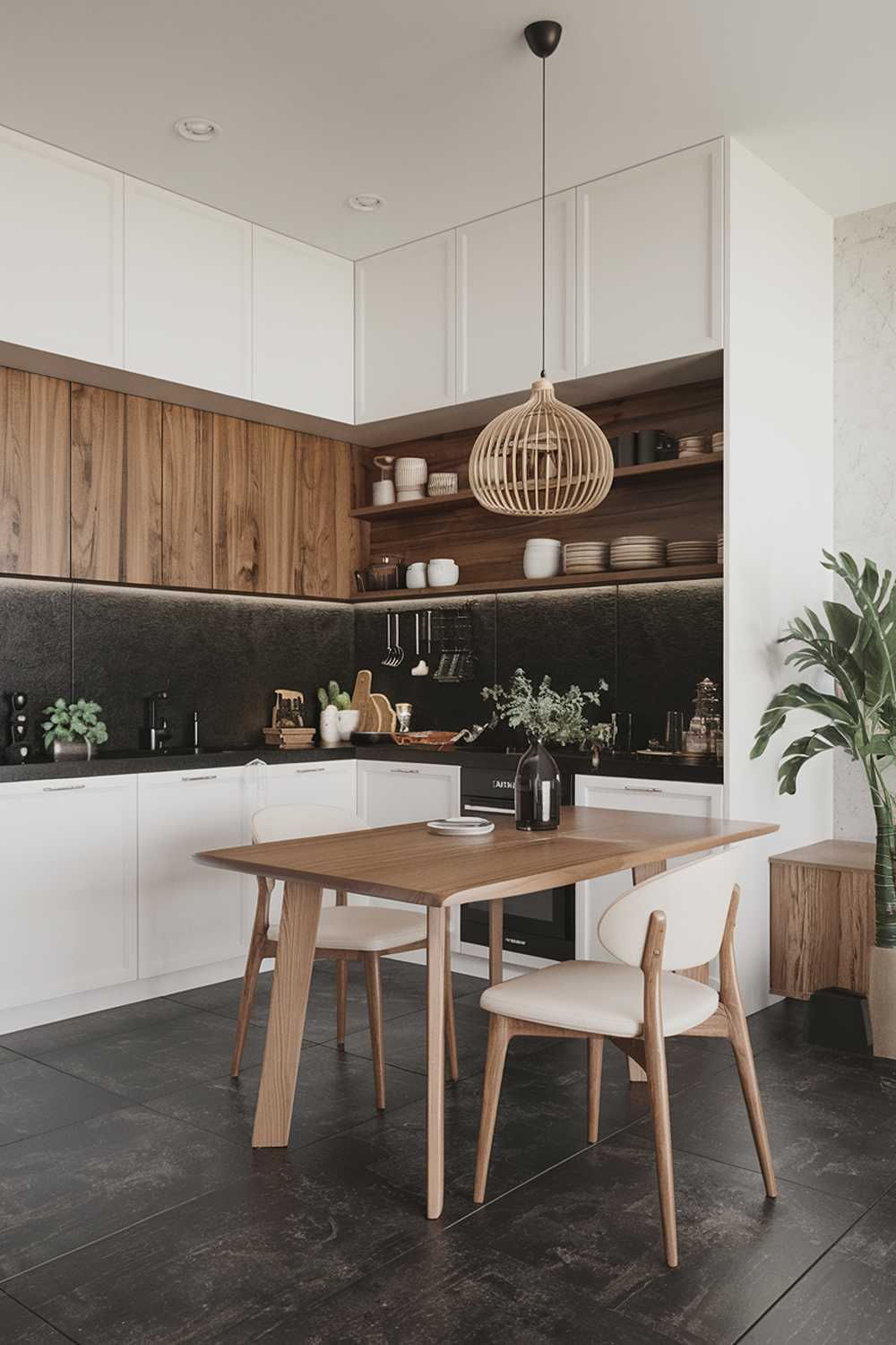 A modern wood scandinavian kitchen design and decor. The kitchen features a white cabinets, black countertops, and a dark gray backsplash. There is a wooden dining table with beige chairs in the corner. A potted plant adds a touch of greenery. The floor is made of dark gray tiles.