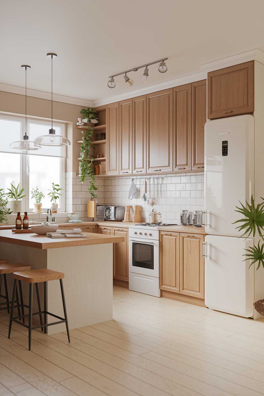 A modern wood Scandinavian kitchen design and decor. The kitchen has a light-colored wooden floor and beige walls. There are white cabinets with wooden doors, a white oven, and a white refrigerator. The kitchen island has a wooden counter and a few stools. There are potted plants near the window. The light fixtures hang over the island and near the refrigerator.