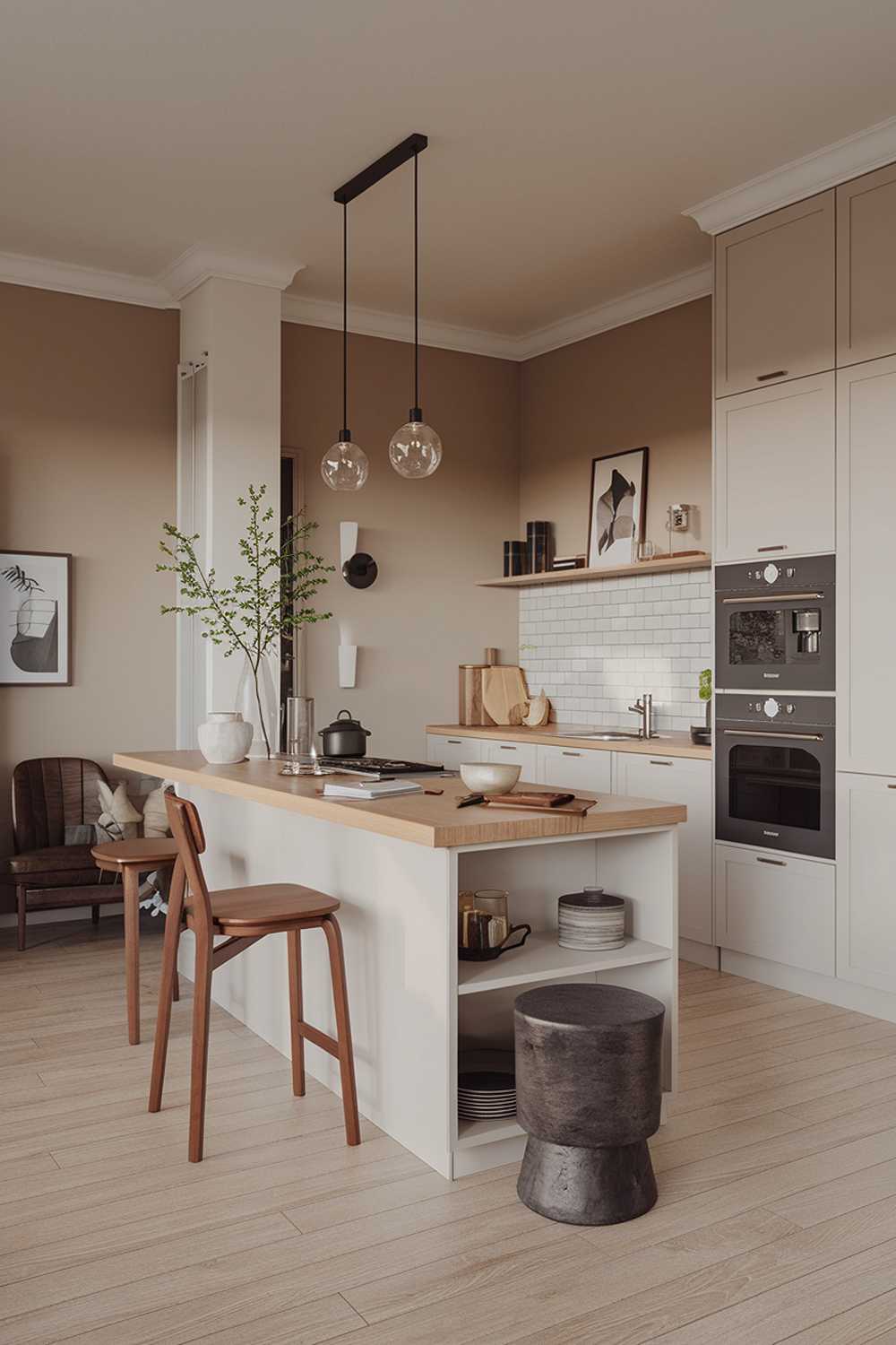 A modern wood scandinavian kitchen design and decor. The kitchen has a light wooden floor and beige walls. There is a white kitchen island with a wood countertop in the middle of the room. The island has a few items like a plant, a vase, and a wooden box. There are also white cabinets and a dark grey oven along the wall. The room has a few pieces of furniture, including a wooden chair and a dark grey stool. The lighting is warm and inviting.