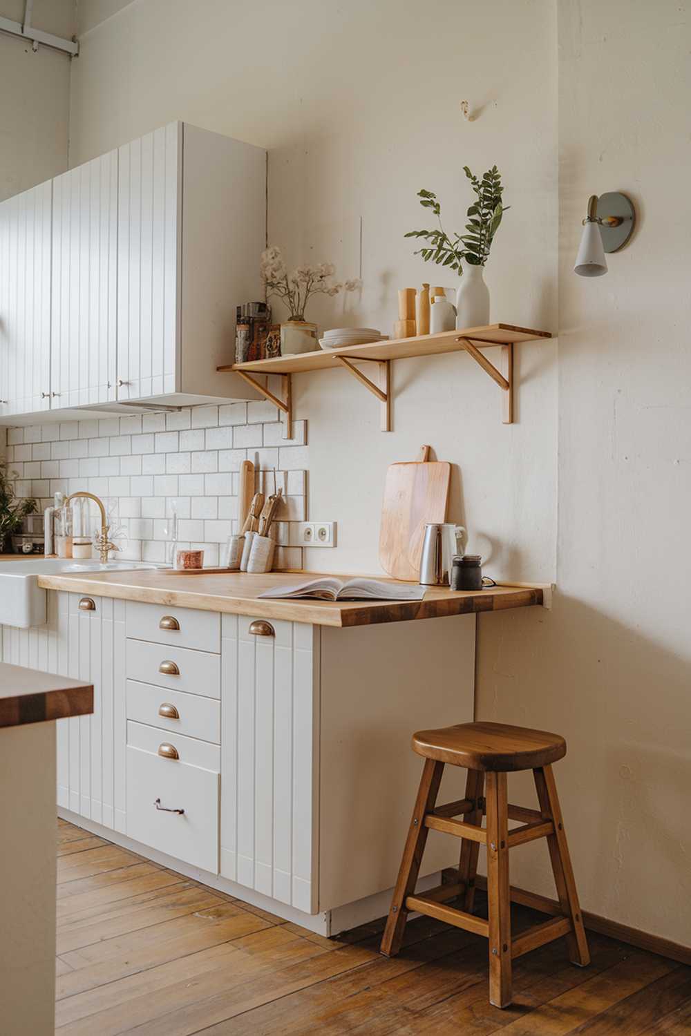 A modern wood Scandinavian kitchen design and decor. The kitchen has white cabinets and a wooden countertop. There is a wooden stool near the cabinets. On the wall, there is a wooden shelf with a few items. The floor is made of wood. The kitchen has a warm and inviting atmosphere.