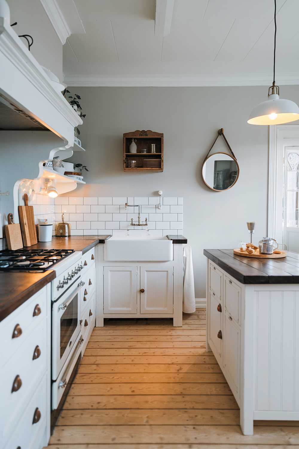 A modern wood Scandinavian kitchen design and decor. The kitchen has a light wooden floor, white cabinets, and a dark wooden countertop. There is a white stove with two burners and an oven below. Next to the stove, there's a white sink with a faucet. Above the sink, there's a white cabinet. On the right, there's a dark wooden island with a white cabinet below and a white lamp above. The walls are painted light gray. There are decorative items on the wall, including a wooden box and a round mirror. The lighting is warm and soft.