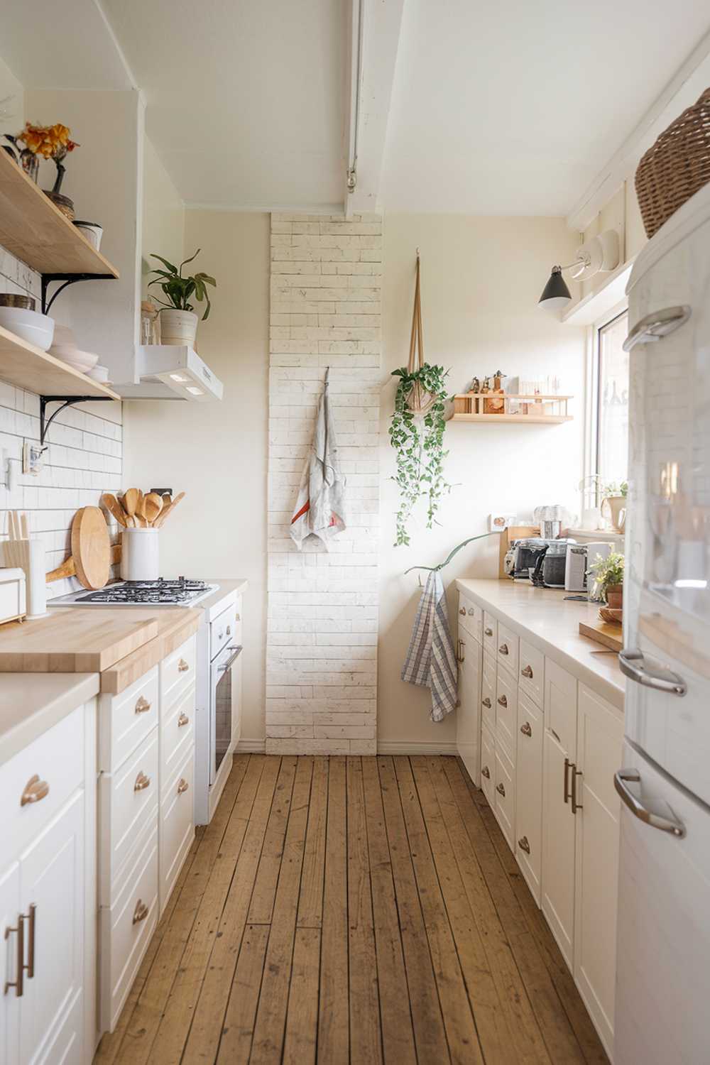 A modern wood Scandinavian kitchen design and decor. The kitchen has a light color palette with white cabinets, beige countertops, and wooden floors. There are a few kitchen appliances, including a stove, refrigerator, and dishwasher. The walls have a few decorative items, including a hanging plant and a wooden shelf with a few items. The room has plenty of natural light.