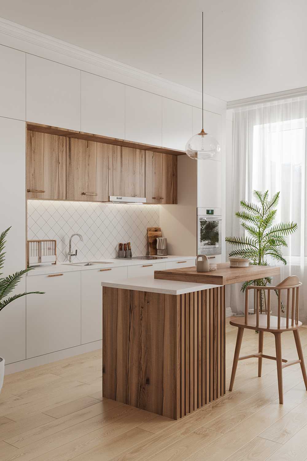 A modern wood scandinavian kitchen design and decor. The kitchen has a white cabinet with wooden elements. There is a wooden island with a white countertop. On the island, there is a pot. There is a white chair nearby. The floor is made of light wood. There is a potted plant near the window.