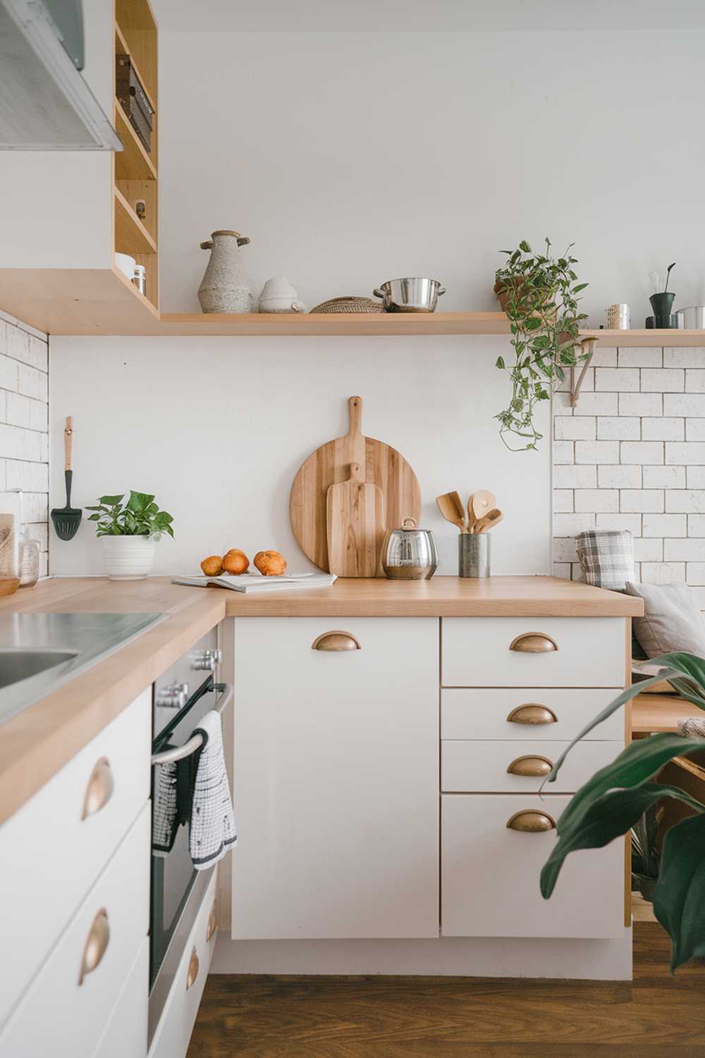 A modern wood Scandinavian kitchen design and decor. The kitchen has a light wood tone and a few key items such as a wooden cutting board, a stainless steel pot, and a few utensils. The walls and cabinets are white. There is a potted plant in the space. The floor is made of wood.