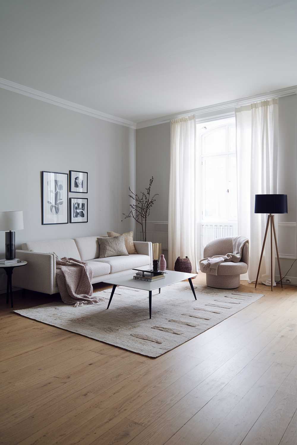 A modern Scandinavian living room with a light wood floor and a beige sofa. The room has a white coffee table, a black lamp, and a few decorative items. There is a rug in the middle of the room. The walls are painted in light gray. There is a large window with a white curtain.