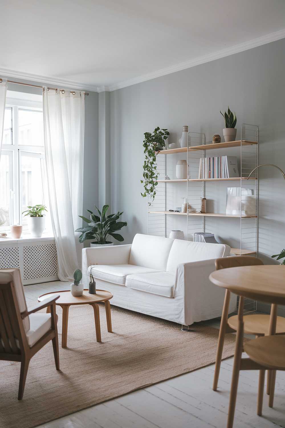 A modern Scandinavian living room with a white sofa, a few wooden chairs, a round wooden table, and a white bookshelf. There are a few potted plants and a lamp on the bookshelf. The floor is covered with a beige rug. The walls are painted in soft gray. There's a window with white curtains, and a white planter is placed near the window.