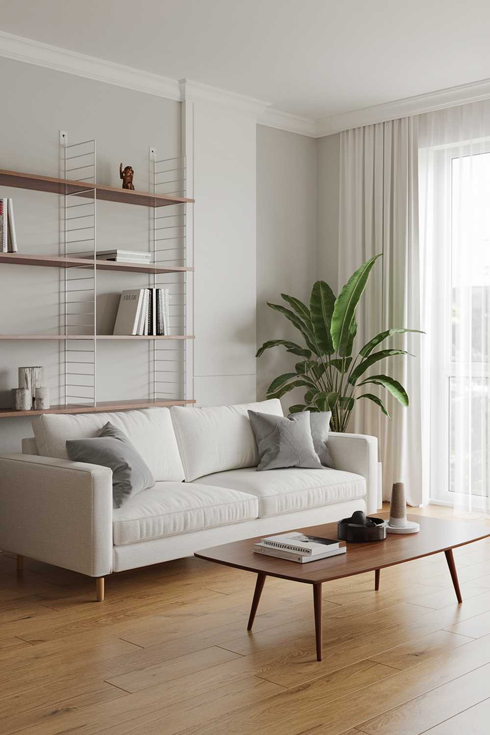 A modern Scandinavian living room with a white sofa, a few pillows, a wooden coffee table, and a green plant. There's a white bookshelf behind the sofa with a few books and a few decorative items. The room has a wooden floor and a large window with white curtains. The walls are painted in a light gray color.