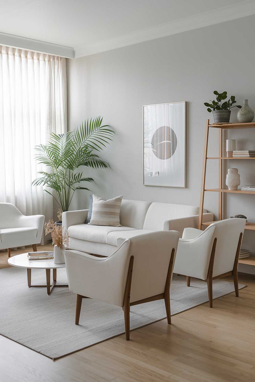 A modern Scandinavian living room with a white sofa and a few white chairs arranged around a coffee table. The sofa has a few throw pillows. There is a potted plant in the corner. The walls are light gray. There is a wooden shelf near the wall, holding a few decorative items. The floor is made of light wood.