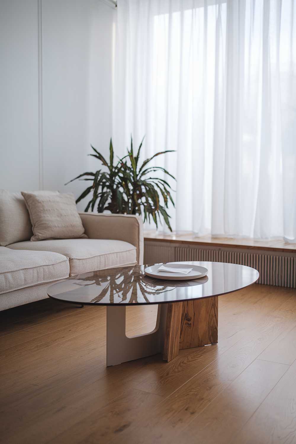 A close-up shot of a modern Scandinavian living room decor. There's a beige sofa with a few cushions and a coffee table with a wooden base and a glass top. There's a potted plant in the corner. The room has a wooden floor and white walls. There's a large window with white curtains. The light fills the room.